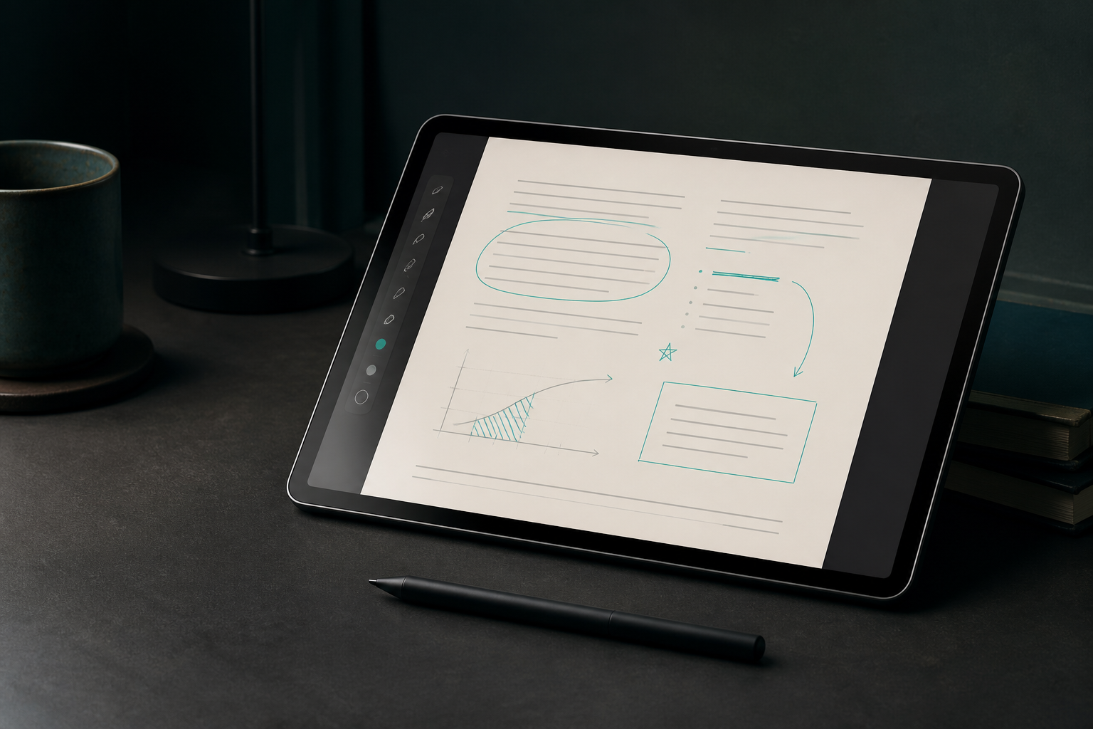 Tablet prepared for a PDF reading and annotation session