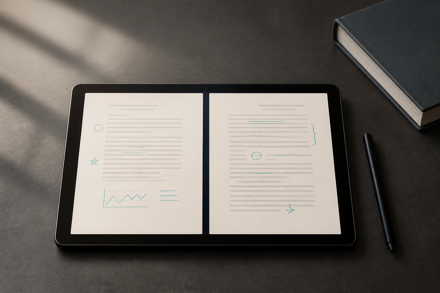 Android tablet presenting two study documents side by side