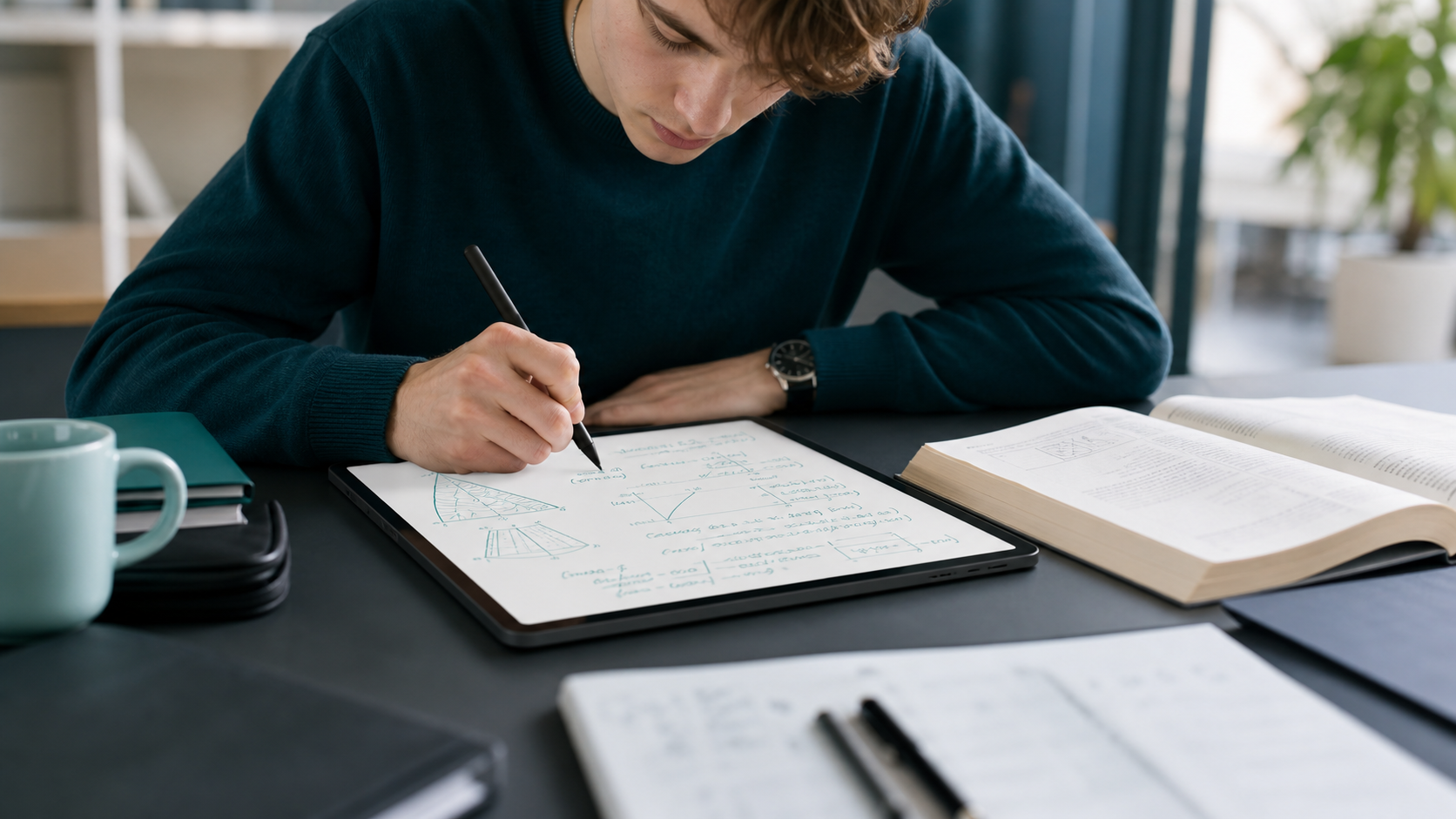 Student writing on an Android tablet during a focused study session